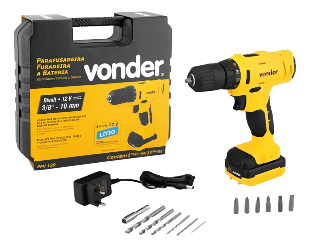 Furadeira e parafusadeira Vonder PFV 120I com maleta, bateria, carregador e acessórios